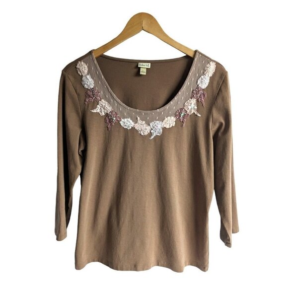 LINDEN HILL Tan Embroidered Long Sleeve Top Floral Lace & Sequin Embroidery Sz L - Picture 1 of 6